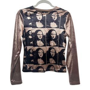 Andy Warhol Top Womens Medium Bronze Black Graphic Monalisa Velvet Long Sleeve